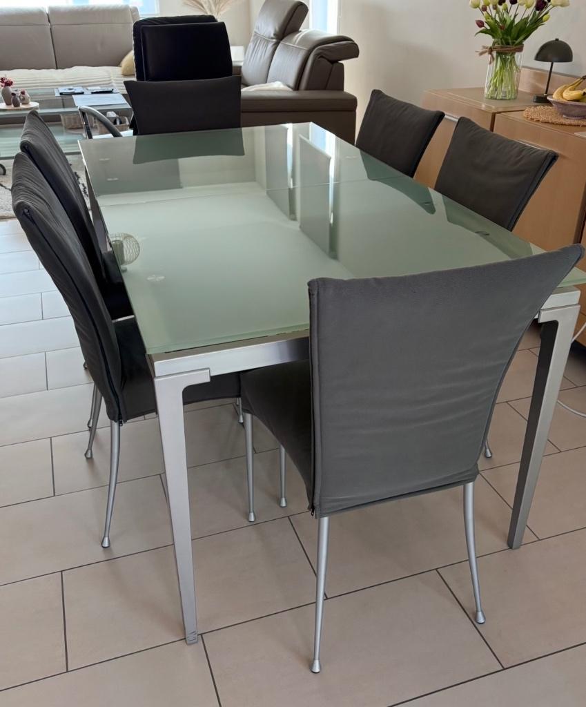 Glazen uittrektafel+ 6 stoelen, Ophalen, Zo goed als nieuw, Modern, 6 tot 8 stoelen
