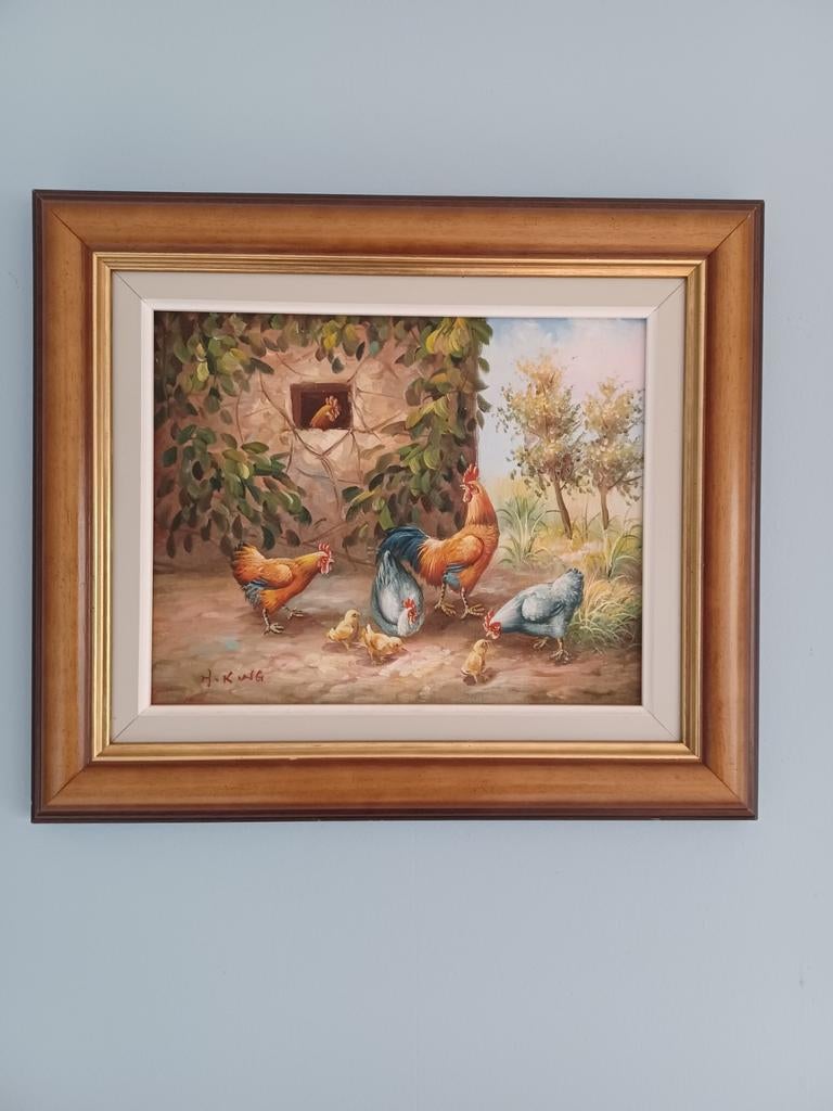 Mooi schilderij kippen op het erf, Ophalen