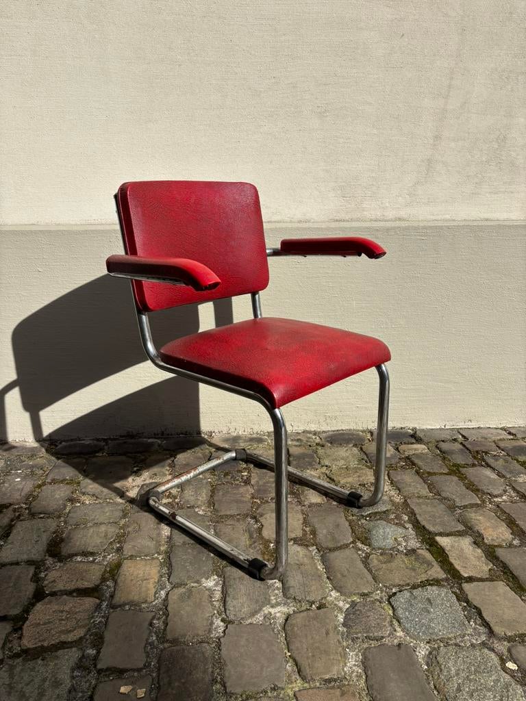 Chaise tubulaire chromée avec assise en skaï rouge, Maison & Meubles, Rouge, Métal, Enlèvement, Une