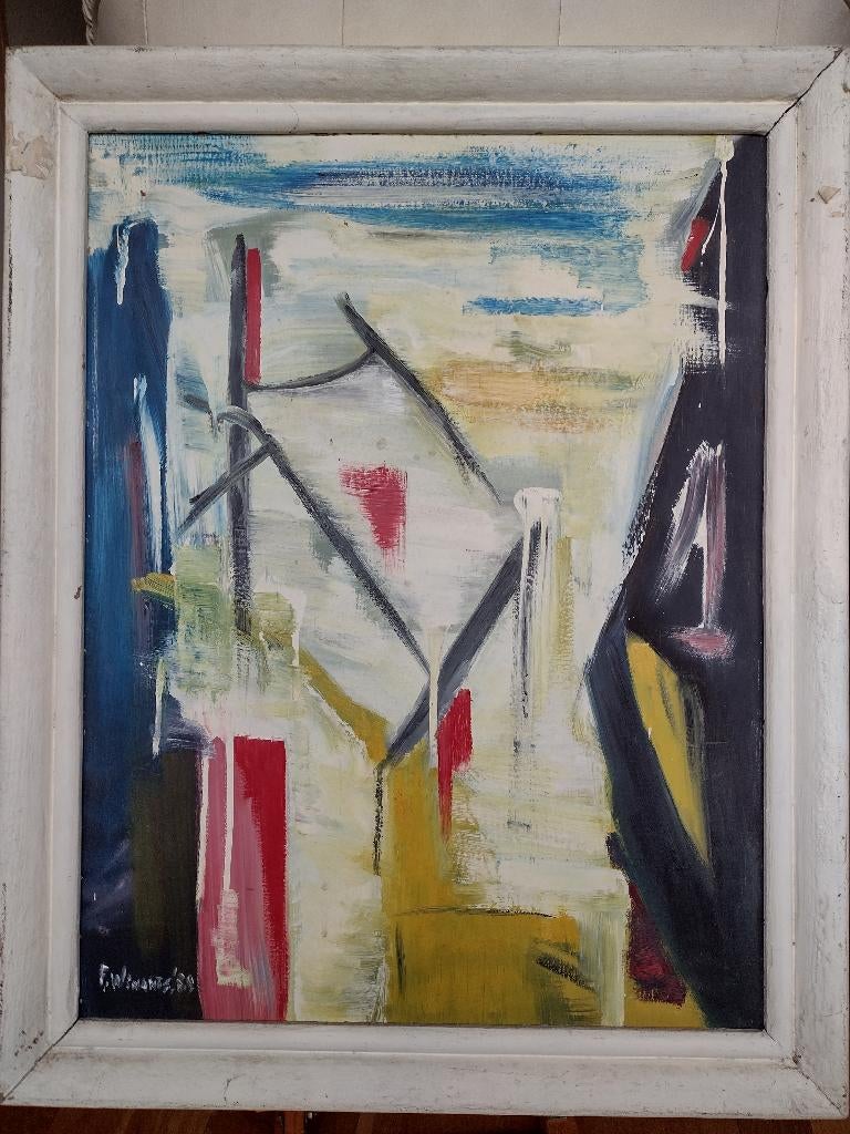 Mondriaan stijl modern schilderij op paneel is, Ophalen of Verzenden