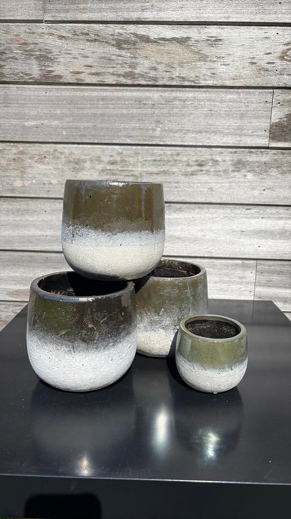 3 grote + kleine bloempotten groen/grijs, Tuin en Terras, Ophalen, Binnen, Zo goed als nieuw, Terracotta