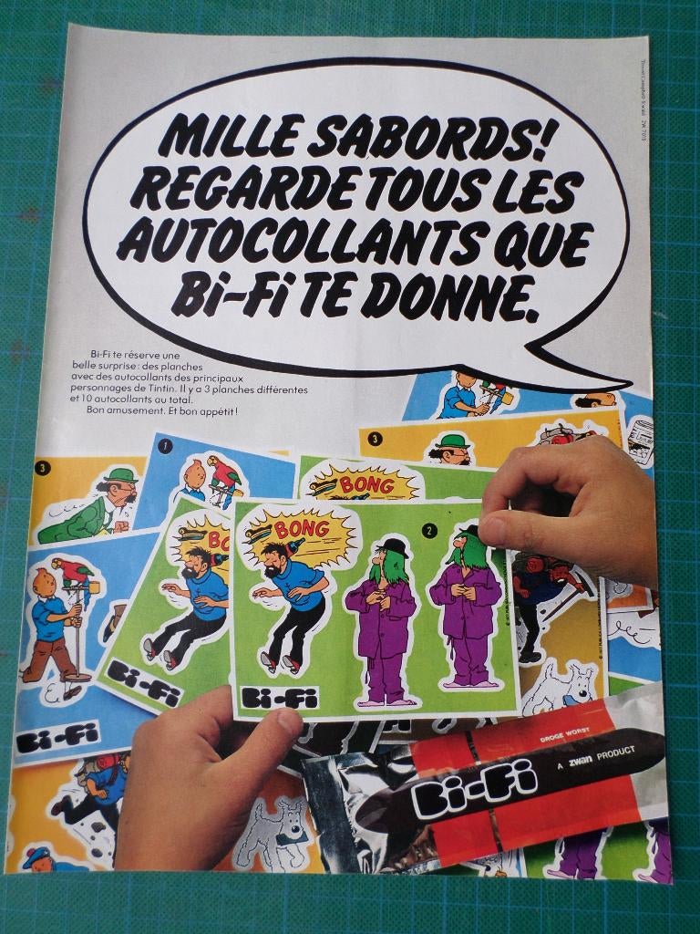 Tintin - publicité papier Bi-Fi - 1977, Collections, Enlèvement ou Envoi, Tintin, Utilisé, Autres types