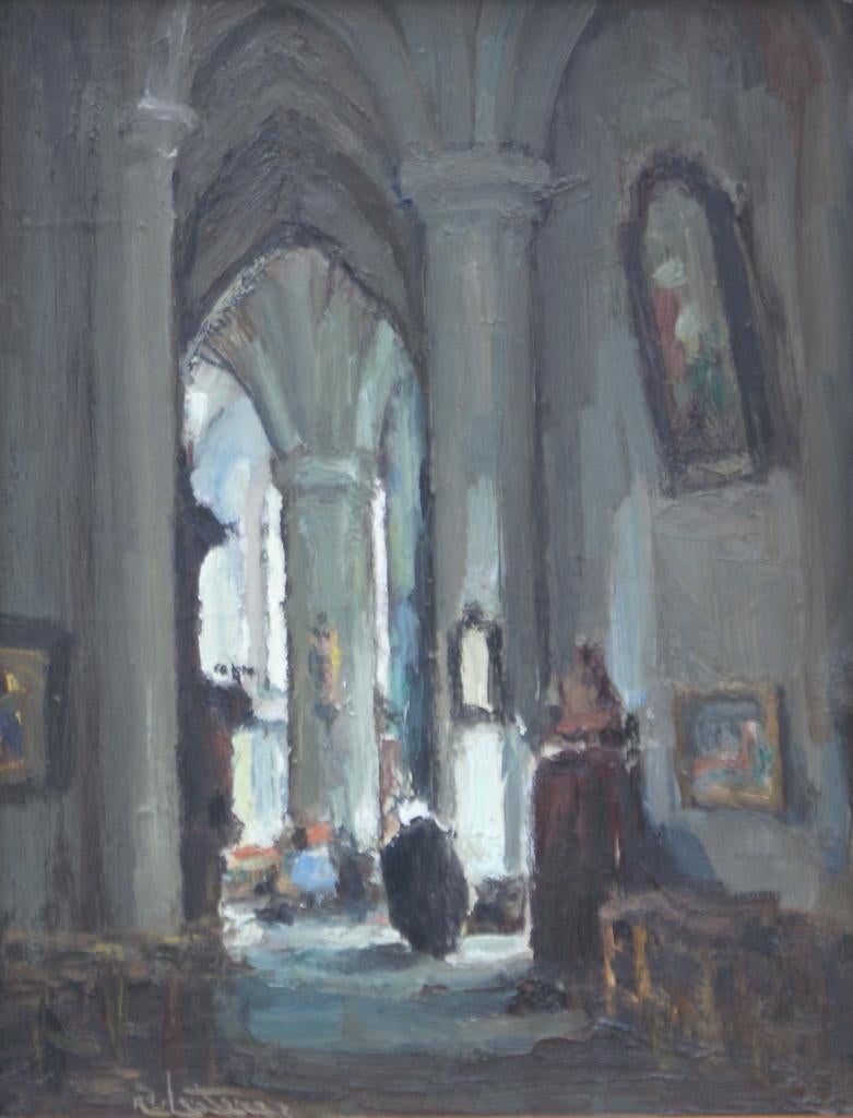 Richard Leutenez (1884-1960): Kerkinterieur (O/D, 41x51cm), Enlèvement ou Envoi