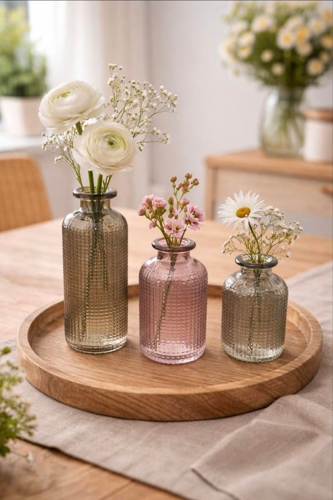 Set van 3 glazen vaasjes - 2 verschillende kleuren, Huis en Inrichting, Woonaccessoires | Vazen, Ophalen of Verzenden