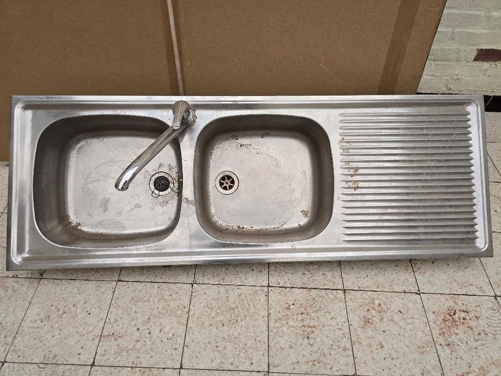 Inox dubbele spoelbak met kraan, Huis en Inrichting, Keuken | Keukenelementen, Ophalen, Zo goed als nieuw, 25 tot 50 cm, 100 tot 150 cm