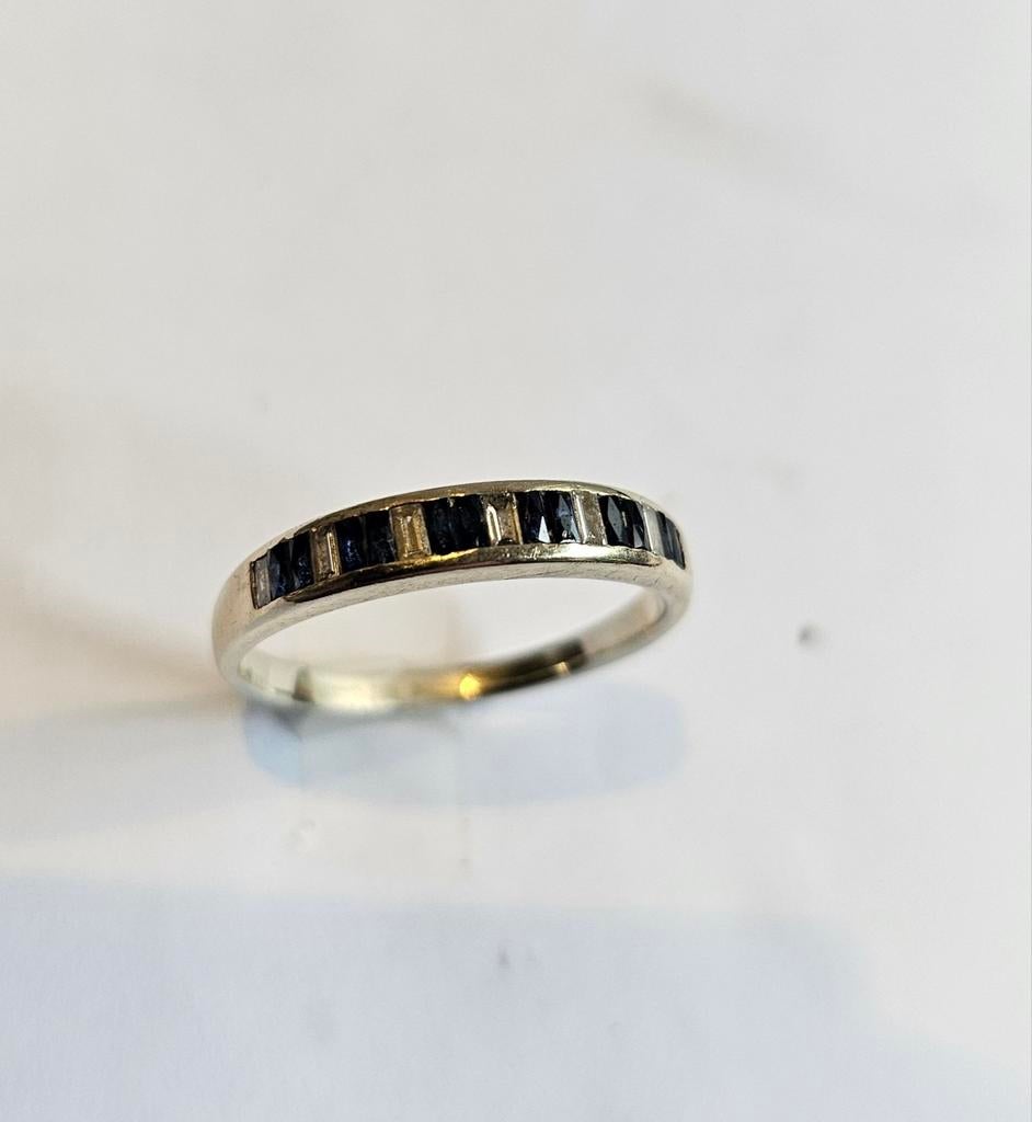 Anneau, or blanc 18 carats, diamant et saphir T52, Enlèvement ou Envoi, Femme ou Homme, Comme neuf, Or