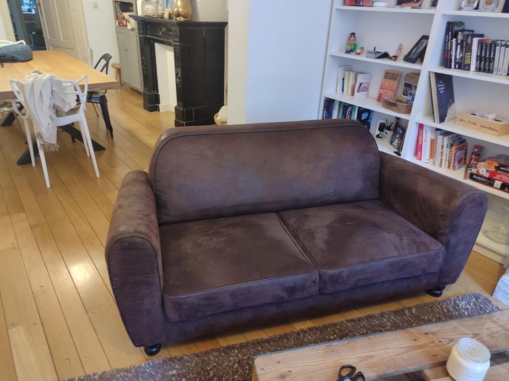 Canapé 3 places fixe en velour marron effet vieilli, Maison & Meubles, Enlèvement, Deux personnes