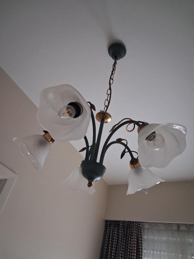 bronzen luster 5 armen, Huis en Inrichting, Ophalen, Gebruikt, Glas, Antiek