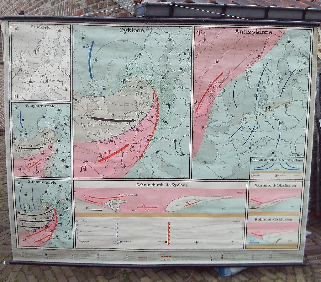 Mooie Retro Schoolkaart - Druk Temp Wind in West-Europa, Ophalen, Aardrijkskunde