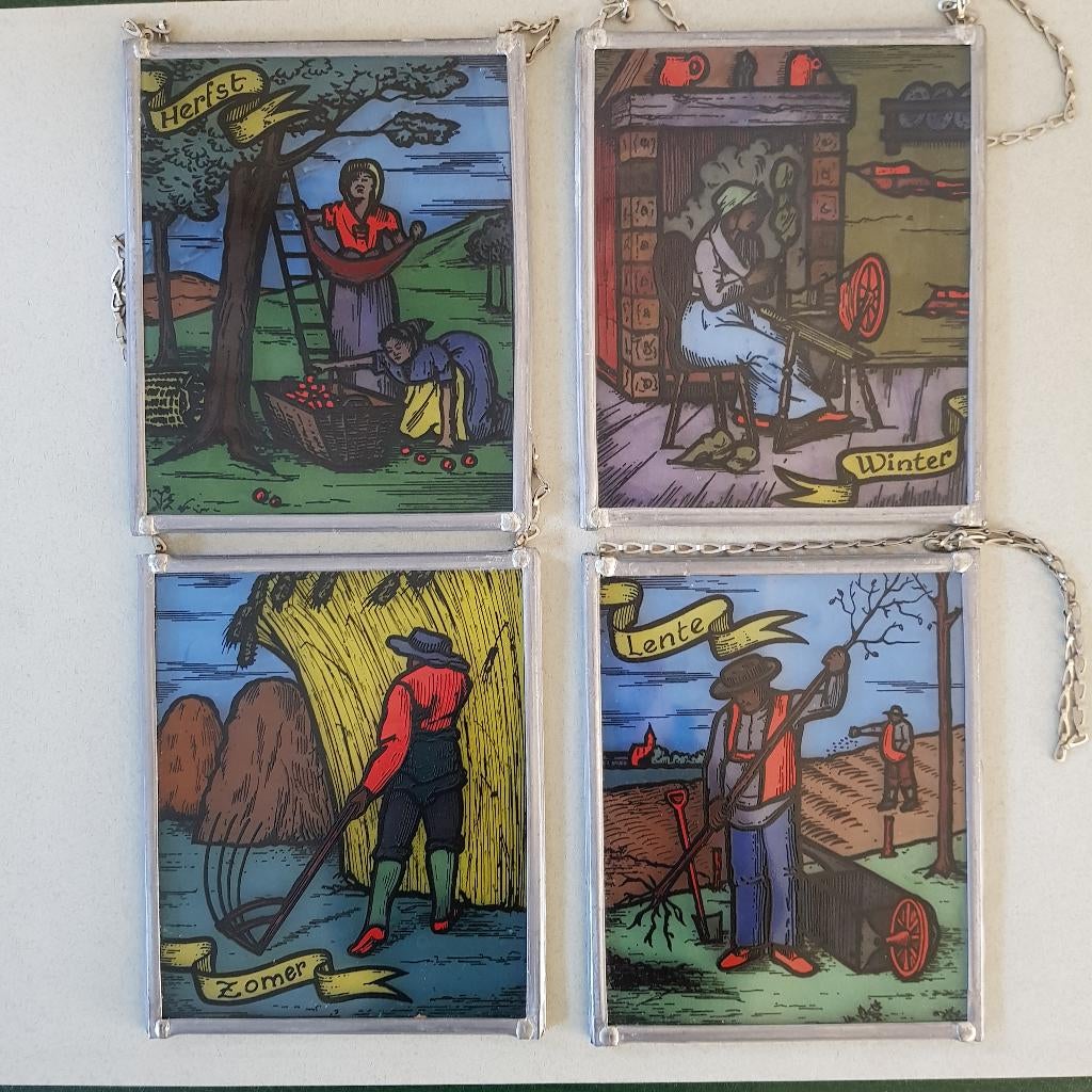 4 glasraampjes , gebrandschilderd glas, 4 seizoenen, Antiek en Kunst, Ophalen of Verzenden
