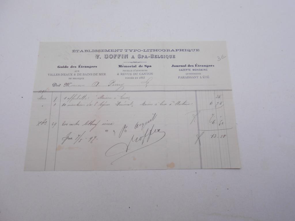 ancienne facture Spa 1896 Goffin Et typo lithographique, Antiquités & Art, Enlèvement ou Envoi