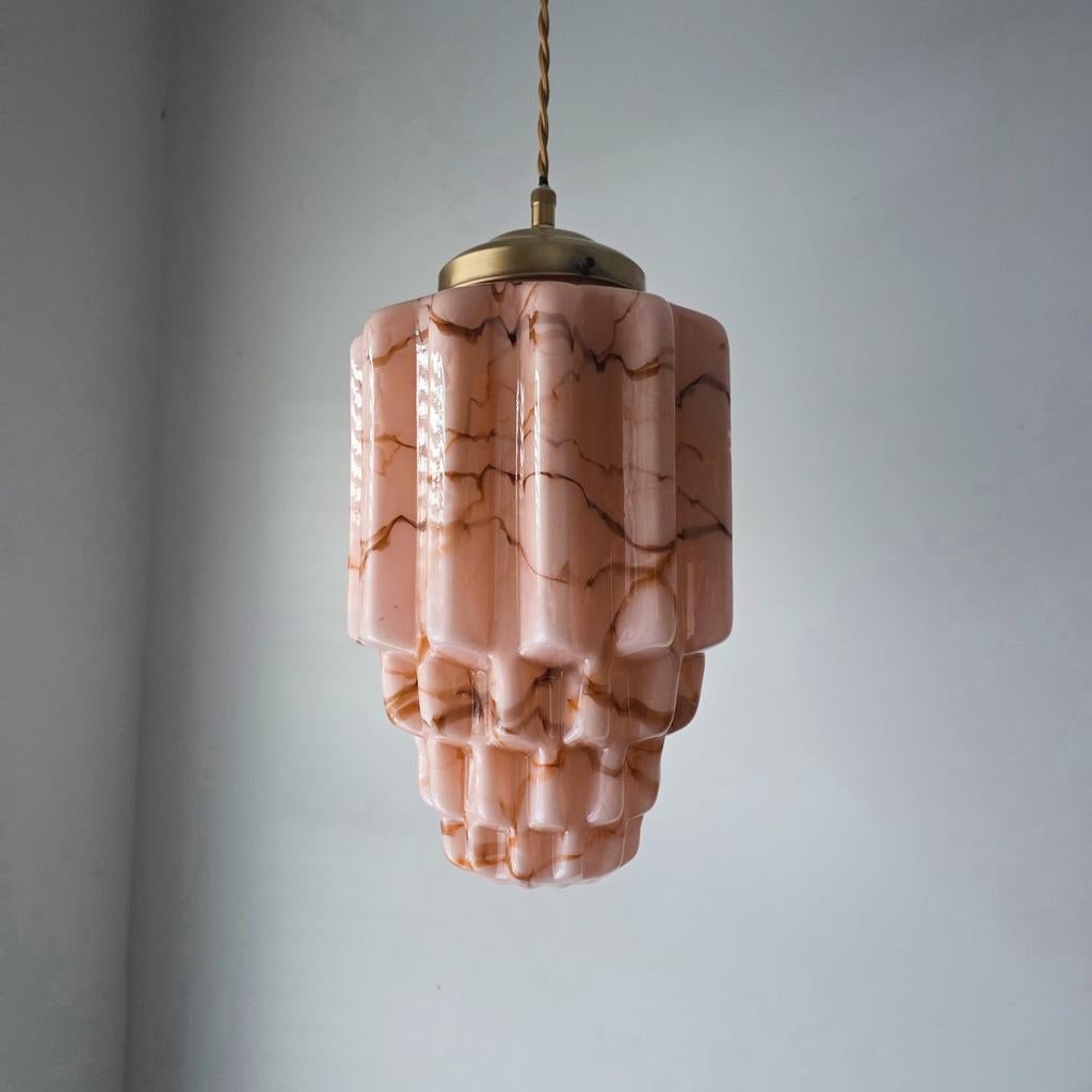 Vintage Art-Deco opaline glazen hanglamp, Ophalen of Verzenden