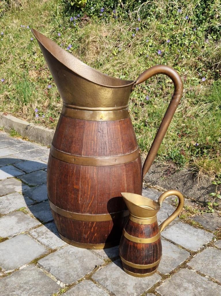 Lot de 2 cruches, bois - cuivre., Antiquités & Art, Enlèvement