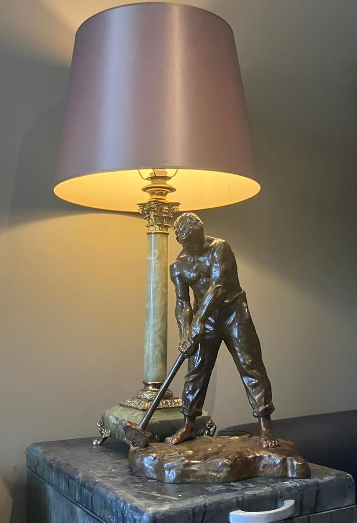 Lampe 1900 Onyx vert et bronze - 88cm, Maison & Meubles, Enlèvement ou Envoi, Comme neuf