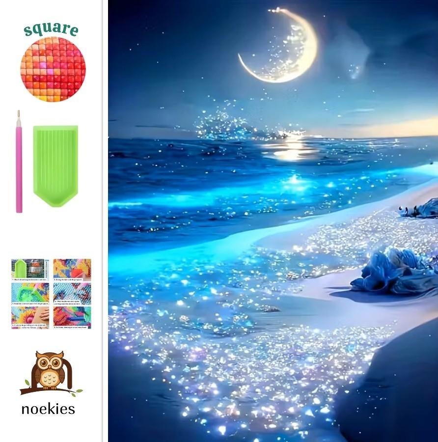 Peinture au diamant n 7, plage au clair de lune, 50 x 40 cm, Hobby & Loisirs créatifs, Neuf, Zee en Strand, Bleu, Autocollant