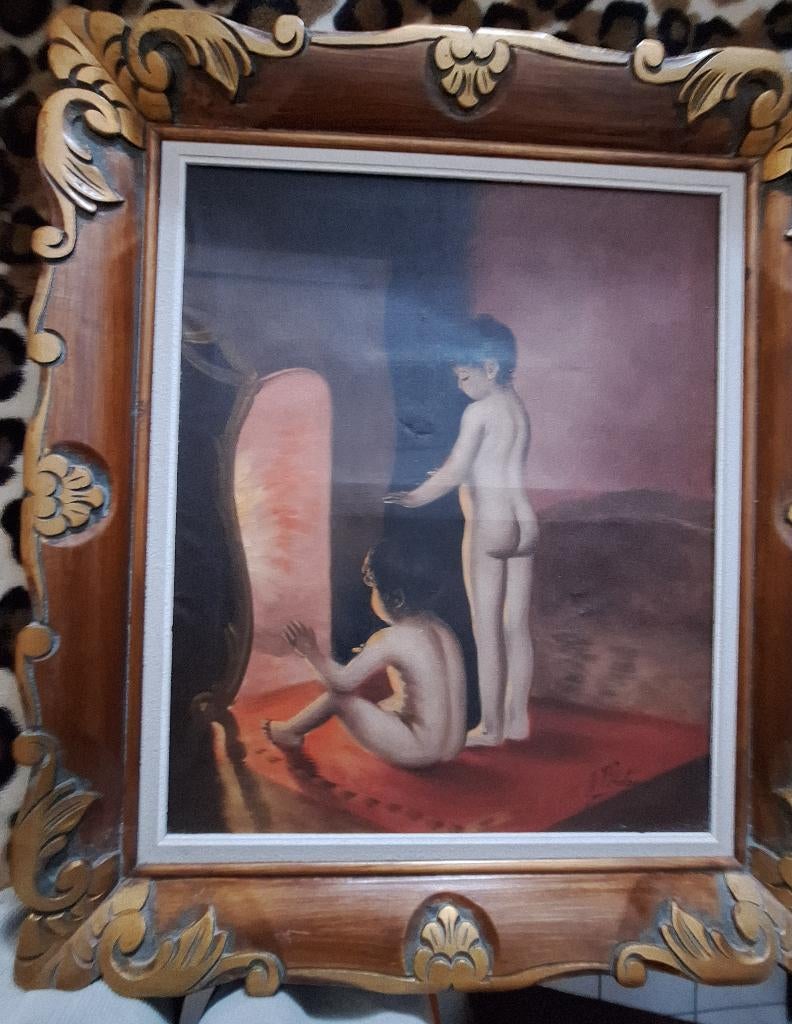 vintage schilderij kinderen bij vuur, Ophalen