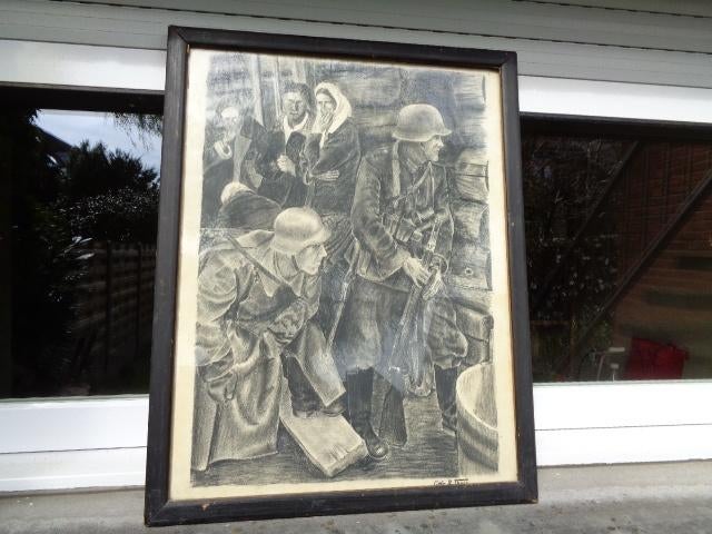WO 2 kunstwerk , houtskool tekening Oostfront , 67 X 52 cm., Verzamelen, Militaria | Tweede Wereldoorlog, Landmacht, Kunstobject
