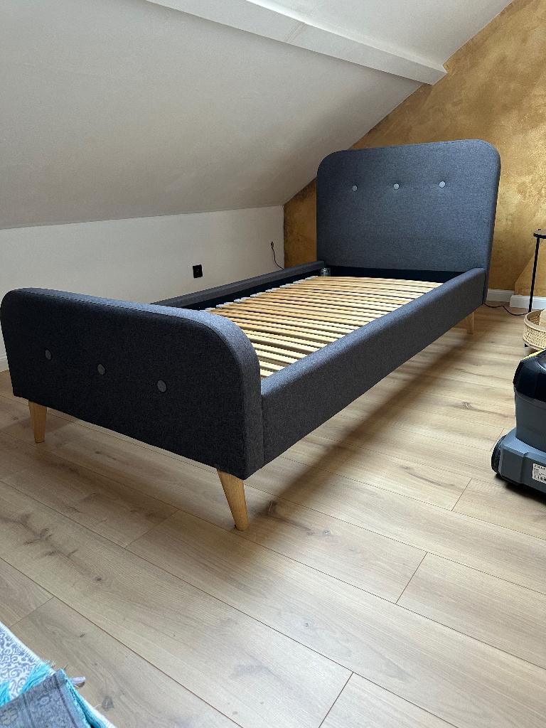 Lit 90x200cm, Maison & Meubles, 90 cm, Gris, Tissu, Enlèvement