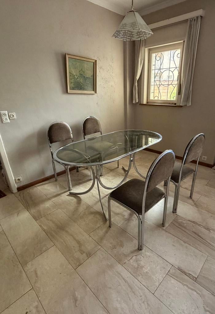Prachtige vintage eettafel+stoelen chroom en gerookt glas, Huis en Inrichting, Tafels | Eettafels, Ophalen, Zo goed als nieuw