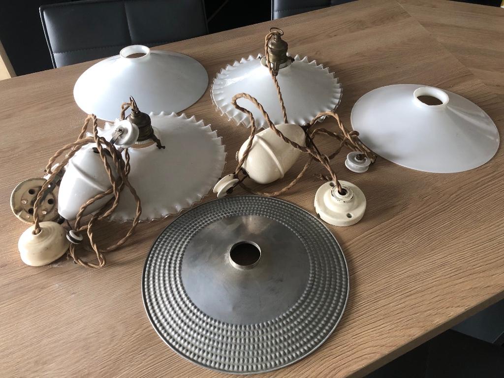 2 lampes anciennes à poulie en opaline, cuivre, porcelaine, Enlèvement