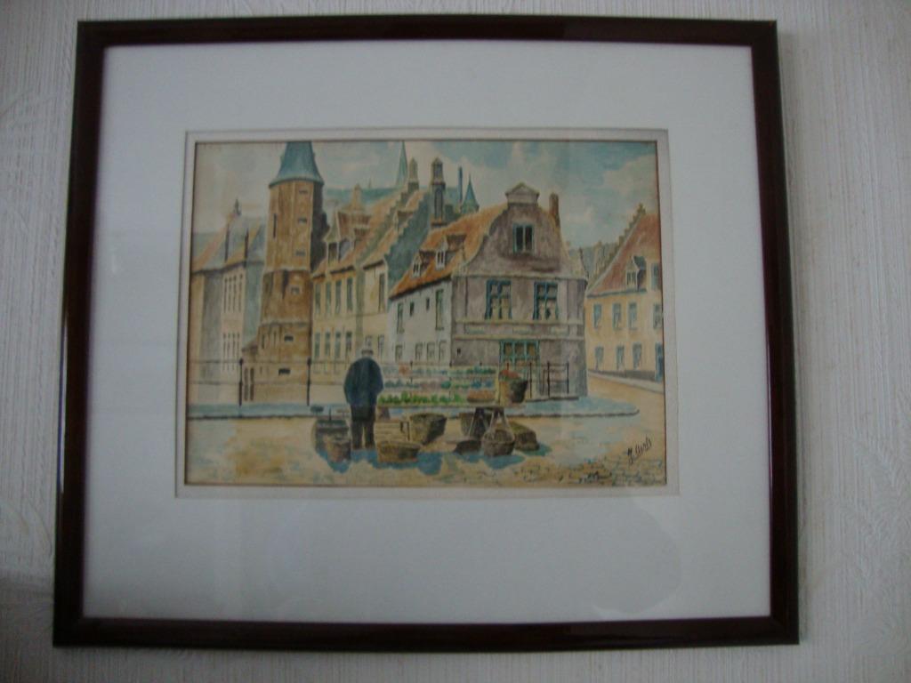 Aquarelle de J. AERTS - Rozenhoedkaai Bruges, Antiquités & Art, Enlèvement ou Envoi