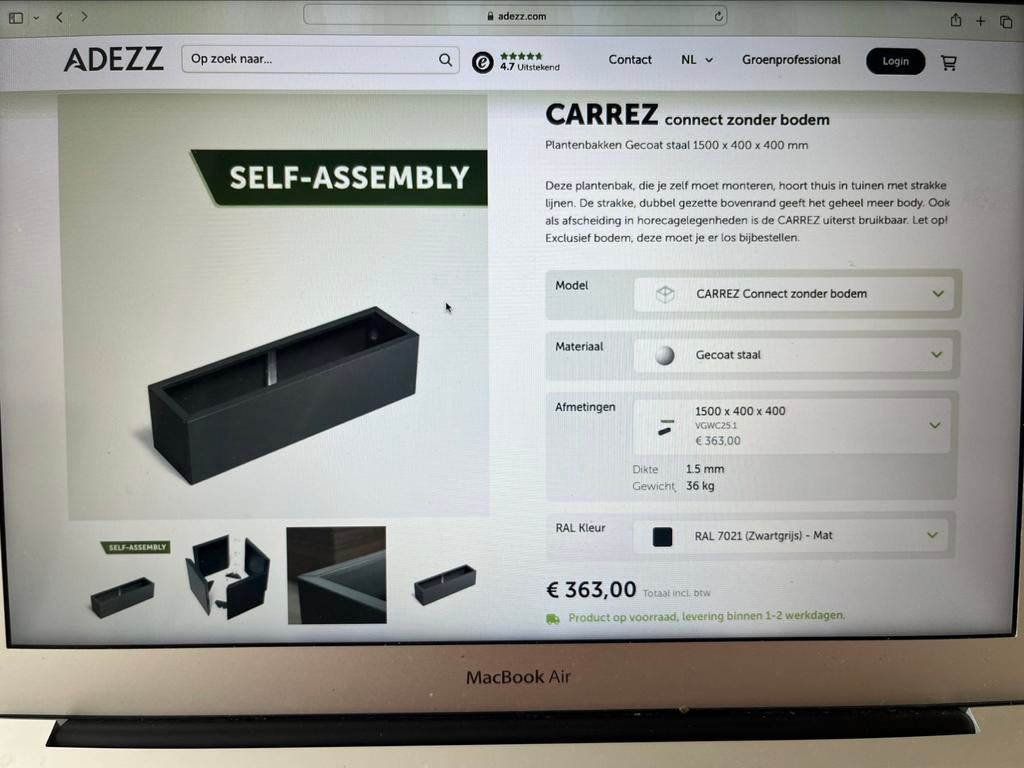 Adezz bloembak 1500x400x400, Tuin en Terras, Ophalen, 100 cm of meer, Nieuw, Metaal