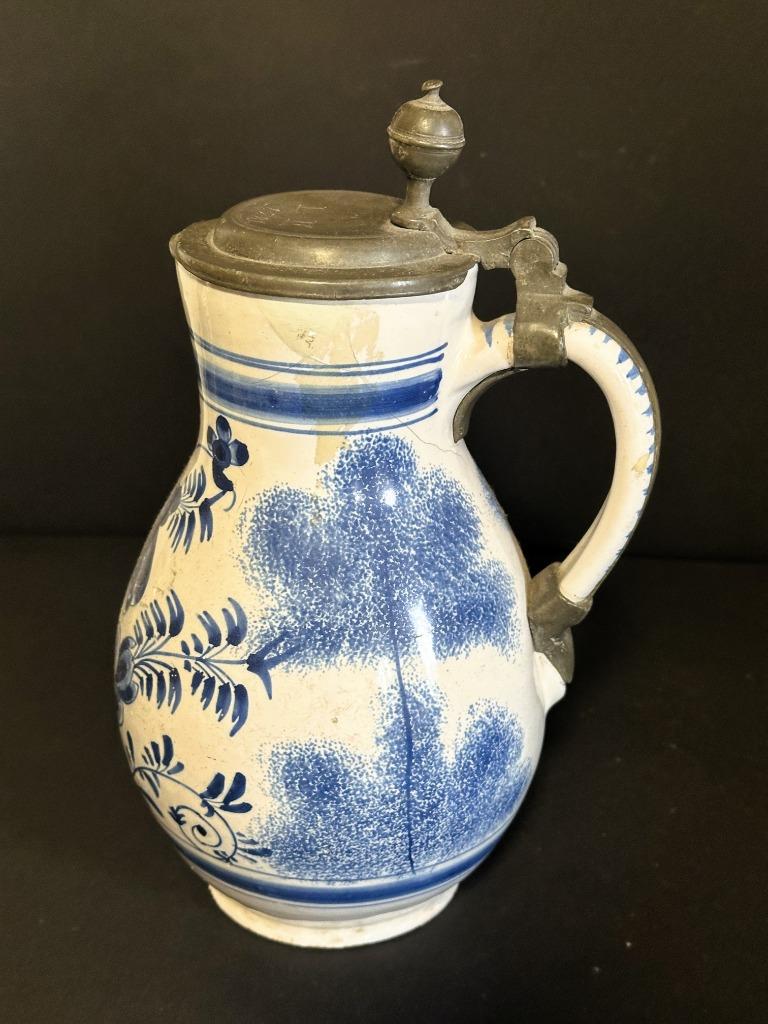 Blauw-witte kruik met tinnen deksel, 18e eeuw, Antiek en Kunst, Verzenden