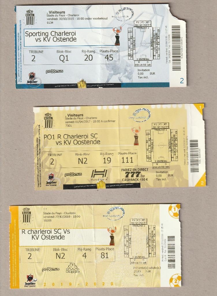3 tickets diff. (utilisés) Charleroi - Oostende, 2015-2019, Collections, Articles de Sport & Football, Utilisé, Autres types, Enlèvement ou Envoi