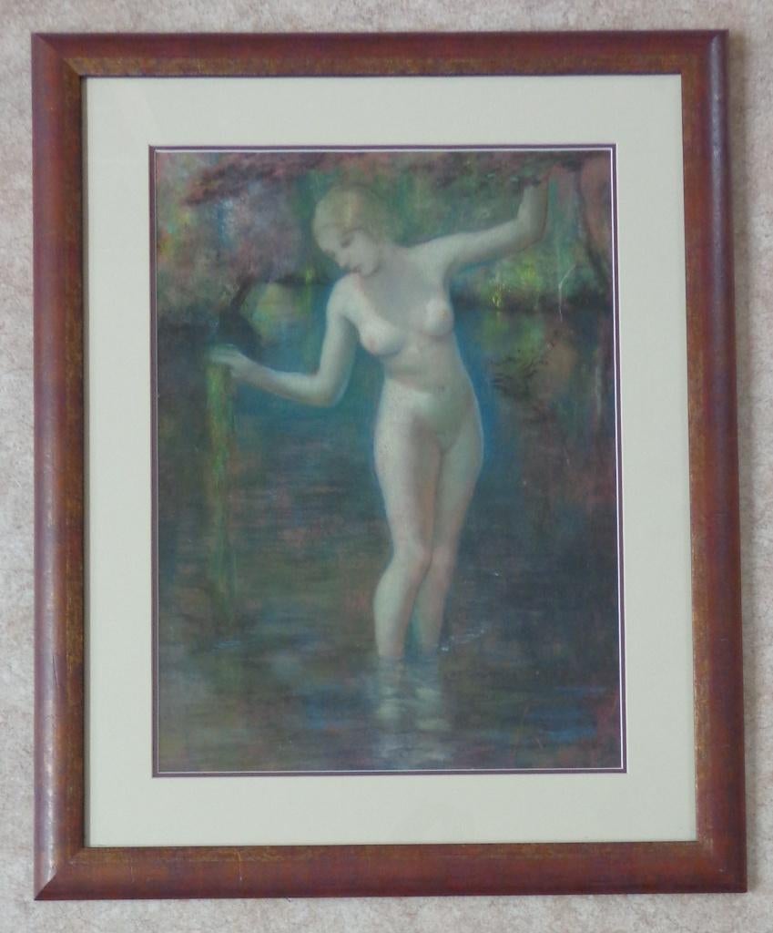 ONBEKEND / BADENDE NAAKTE VROUW / ORIGINEEL / 84x68cm KADER, Antiquités & Art, Enlèvement