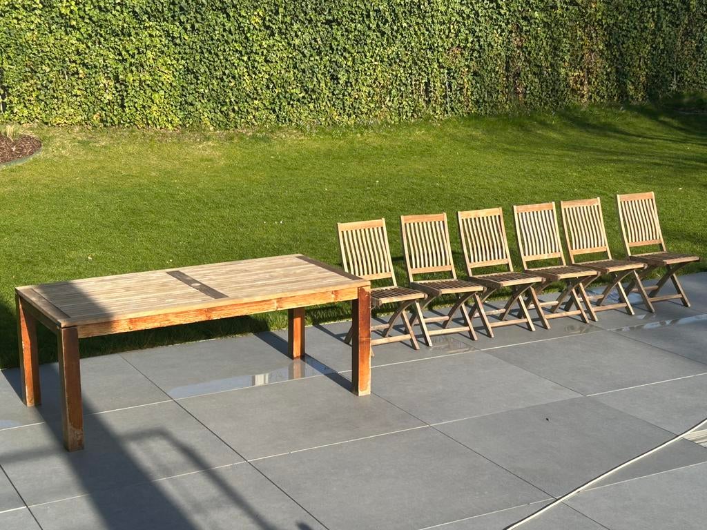 Table de jardin et 6 chaises en teck, Jardin & Terrasse, Tables de jardin, Utilisé, Rectangulaire, Bois de teck, Enlèvement