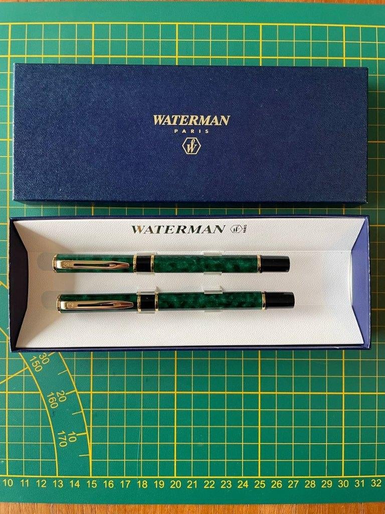 Waterman Laureat Green Marble Fountain pen (F) Roller set, Ophalen of Verzenden, Waterman
