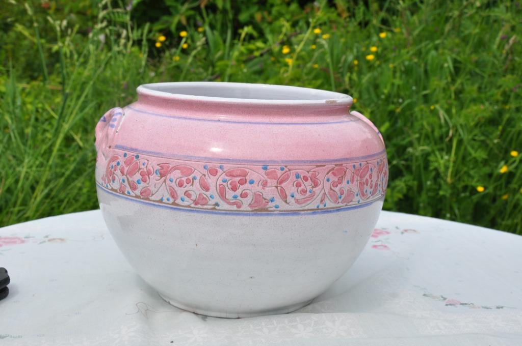 cache pot en gres emaillé rose et blanc, Jardin & Terrasse, Pots de fleurs, Enlèvement ou Envoi, Moins de 25 cm, Utilisé, Intérieur