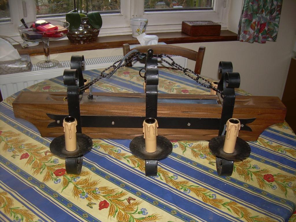 Lustre poutre chêne 6 lampes, Enlèvement, Comme neuf, Bois, Rustique