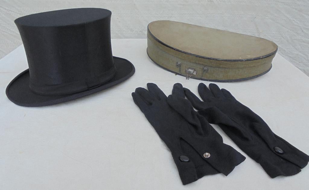 Chapeau haut de forme pliable dans sa boîte d'origine, Antiquités & Art, Curiosités & Brocante, Enlèvement ou Envoi
