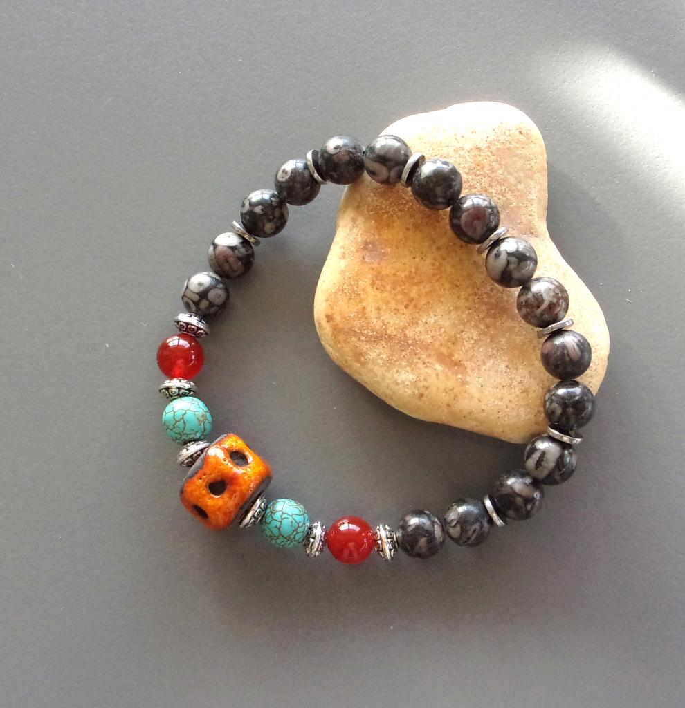 Oranje keramische armband voor dames of heren met turkoois, Handtassen en Accessoires, Armbanden, Nieuw, Elastiek, Oranje, Met bedels of kralen