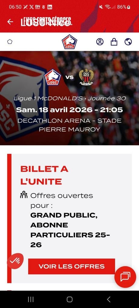 2 Lille OSC - Nice tickets + ticket de parking le samedi 18, Tickets & Billets, Avril