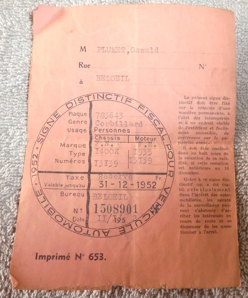 document fiscal pour automobile 1952, Enlèvement ou Envoi