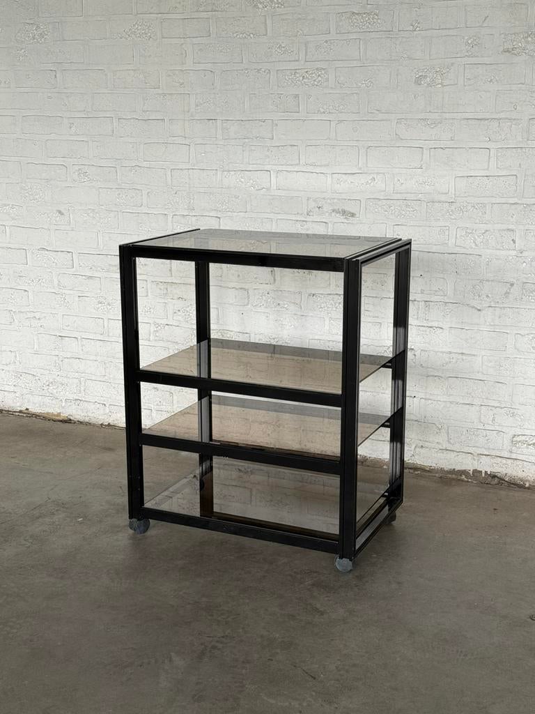 Meuble desserte vintage en verre fumé et métal noir an 70/80, Enlèvement, Utilisé