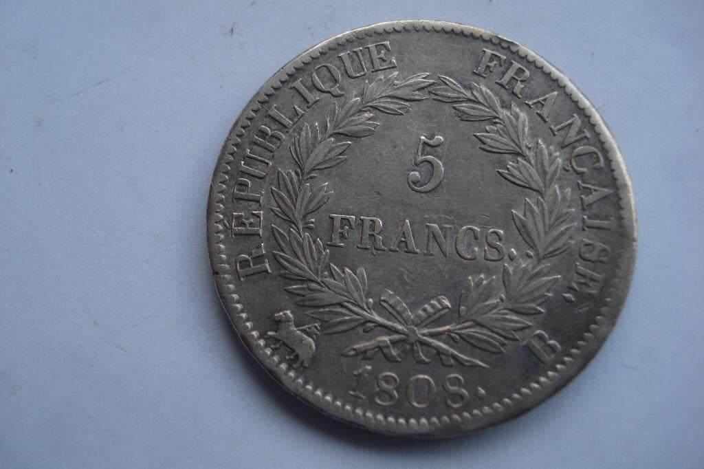 5 FRANCS 1808 B ROUEN ZILVER 900† NAPOLEON LAUREAAT HOOFD, Ophalen of Verzenden, Frankrijk, Losse munt, Zilver