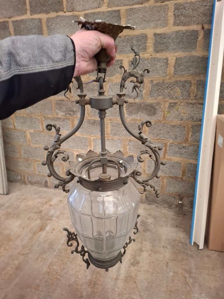 2 antieke lampen, kroonluchter en patrijspoort, Huis en Inrichting, Lampen | Kroonluchters, Ophalen, Gebruikt, Glas