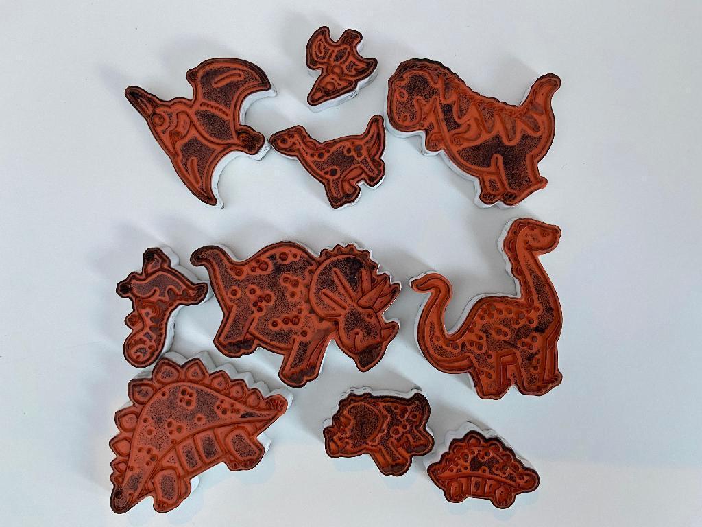 Stempels van dinosaurussen met stempelkussen, Ophalen of Verzenden, Gebruikt, Houten stempel