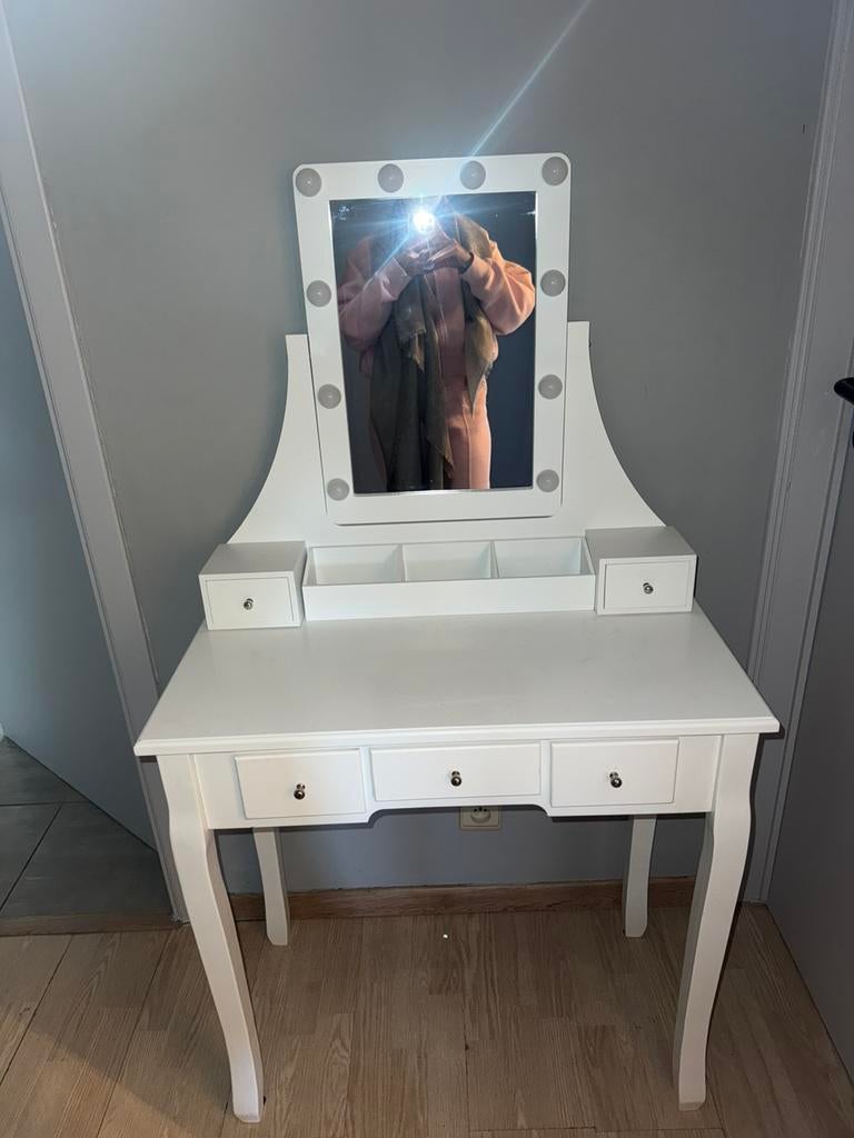 Witte kaptafel / bureau met spiegel en verlichting, Ophalen of Verzenden, Zo goed als nieuw