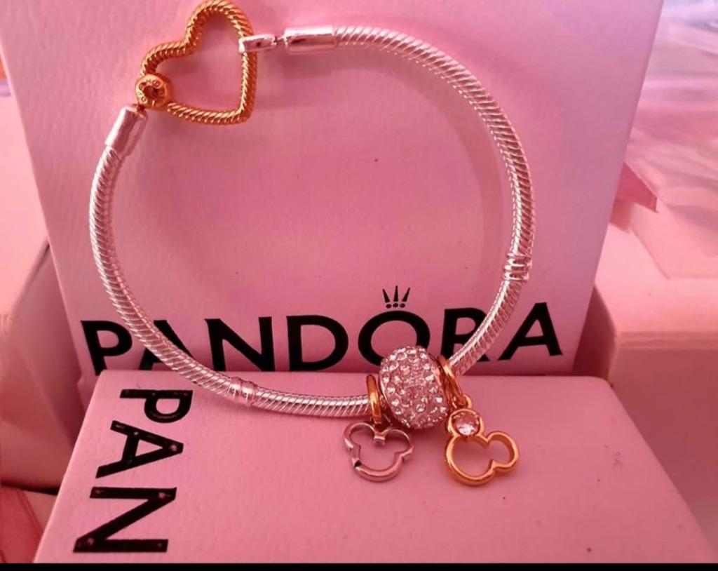 Bracelet coeur Pandora + 2 charmes Mickey & Minnie, Envoi, Neuf, Or, Pandora