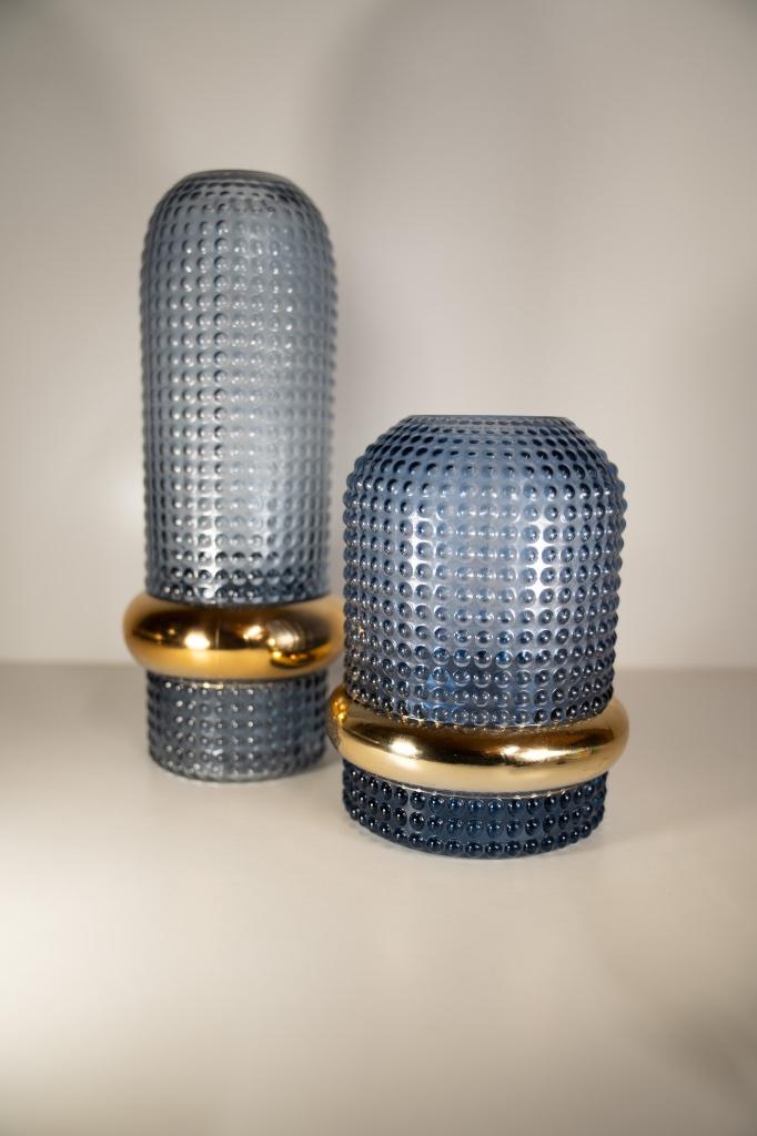 Luxe Set van 2 Blauwe Glazen Vazen - Glas & Goud, Minder dan 50 cm, Verzenden, Blauw, Glas