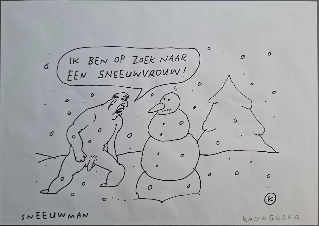 Kamagurka origineel, cartoon, Sneeuwman. Prof. ingekaderd, Ophalen of Verzenden