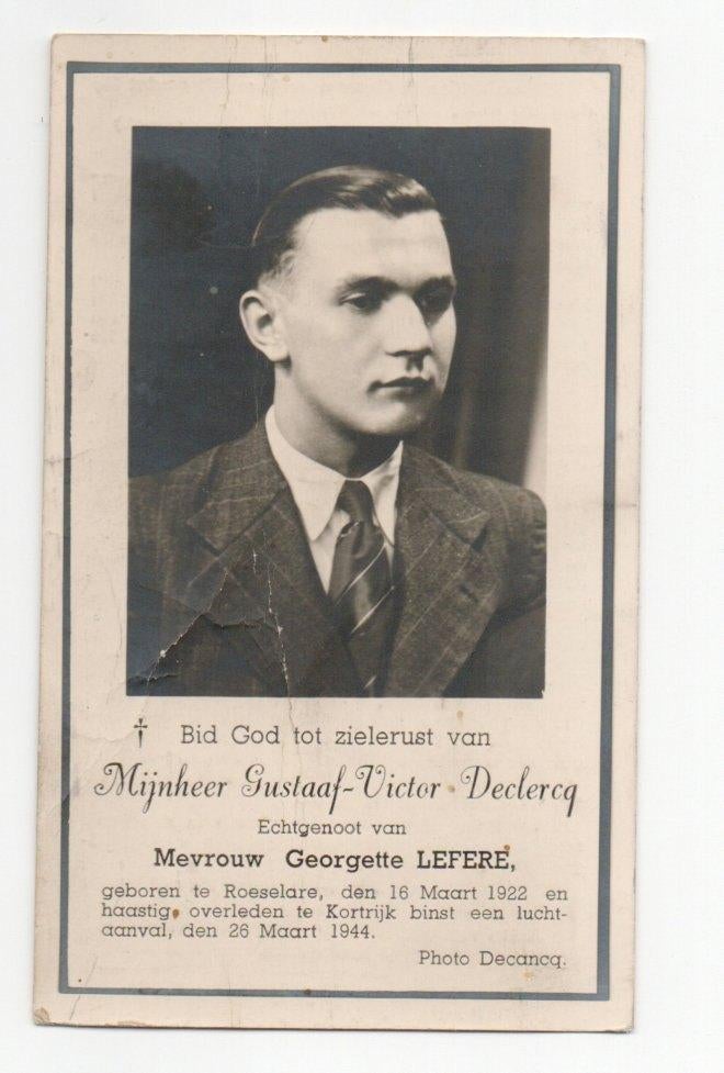 Doodsprentje oorlogsslachtoffer Roeselare + Kortrijk 1944, Verzamelen, Ophalen of Verzenden, Overige soorten, Foto of Poster