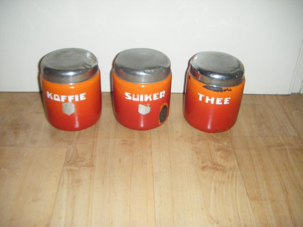 Antieke emaille DRU voorraadbussen,blikken,oranje gevlamd, Ophalen of Verzenden