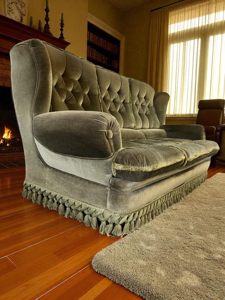 Vintage groene zetel / canapé / bank met franjes, Verzamelen, Ophalen of Verzenden