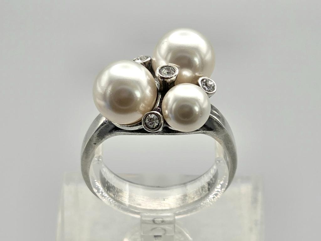 Zilveren ring Art Deco met Parel en Swarovski. 2025/567., Handtassen en Accessoires, Antieke sieraden, Verzenden, Zilver, Ring