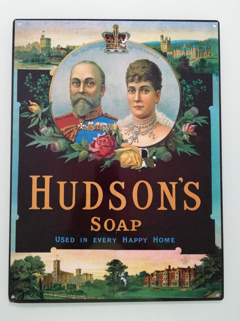 Vintage blikken Hudson's soap reclame bord., Ophalen of Verzenden, Gebruikt, Reclamebord